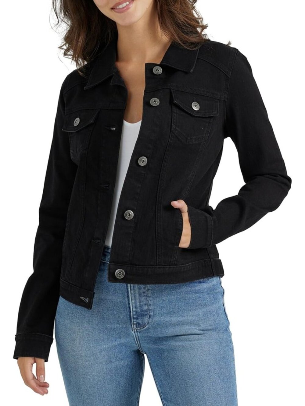 Women's Black Stylish Finished With Button Closure Stretch Denim Classic Jacket